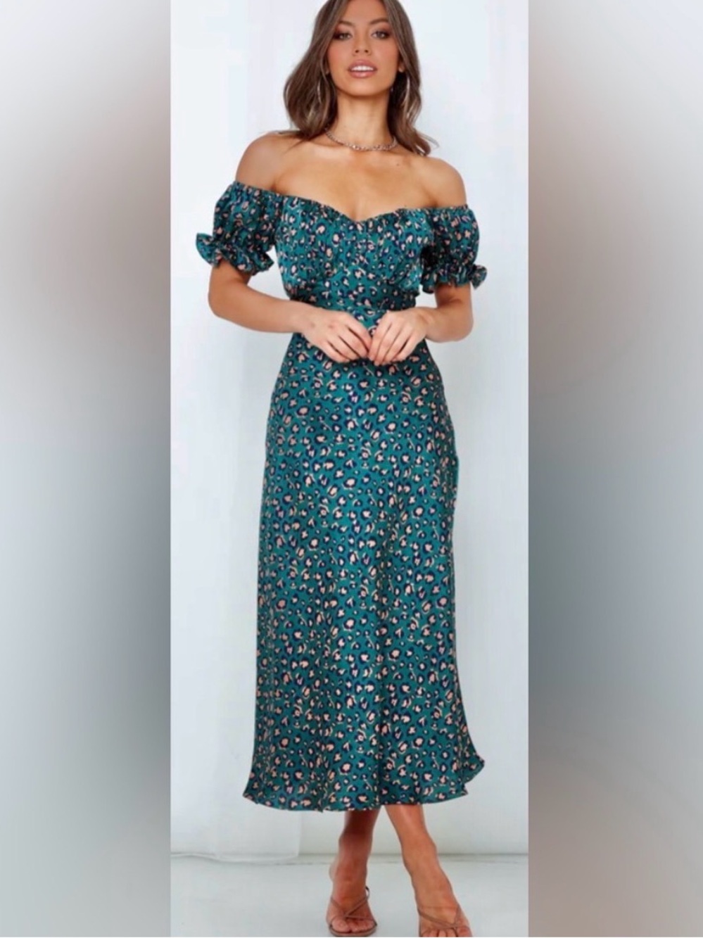 Hello Molly Off Shoulder Spiced Ginger Medley Maxi Dress in Green Leopard - Picture 4 of 16